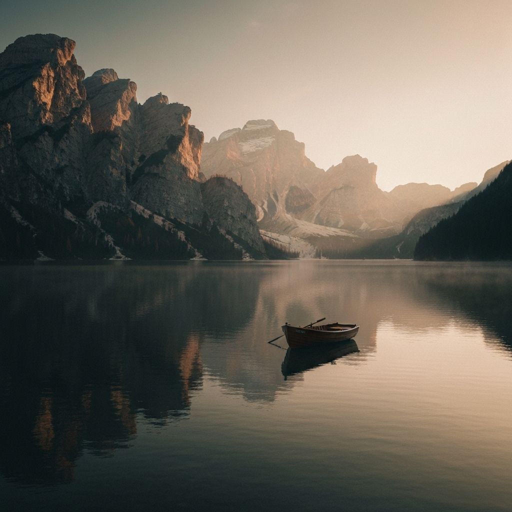 A still alpine lake at dawn, mist rising over the water, surrounded by quiet mountains